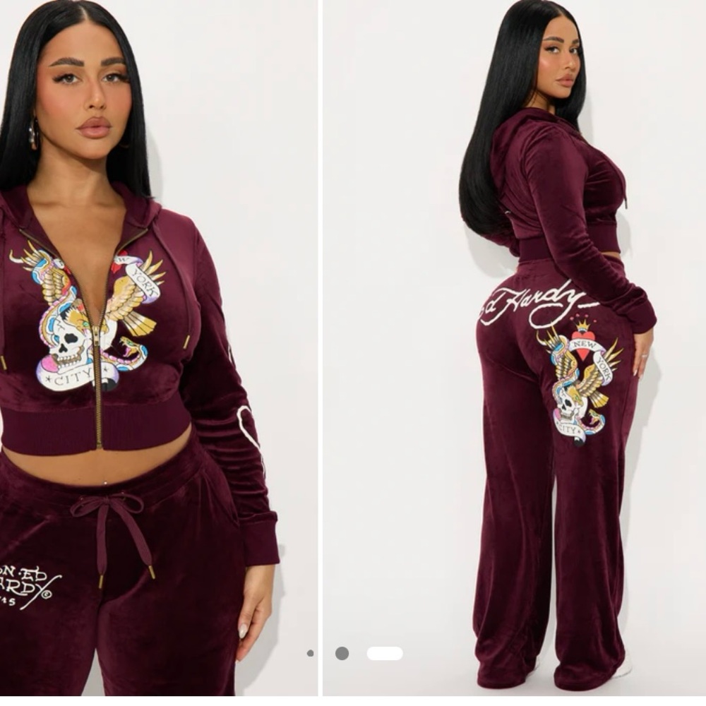Ed Hardy Women's Maroon Velour Jogger Set